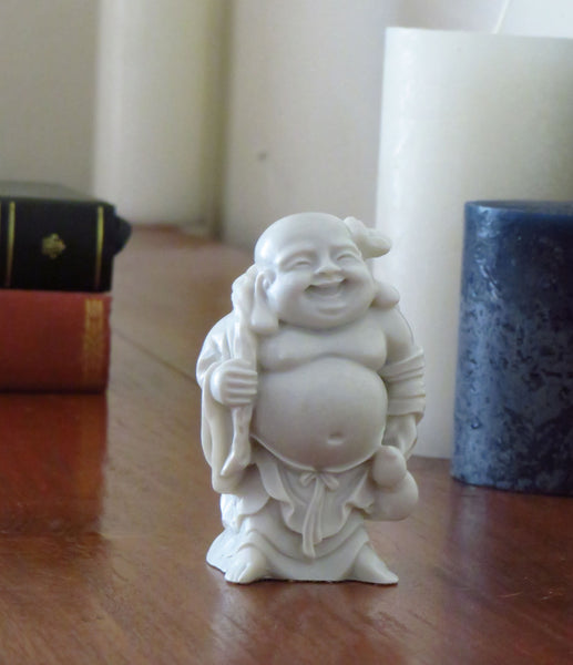 Happy Medium Travelling Buddha in white marble