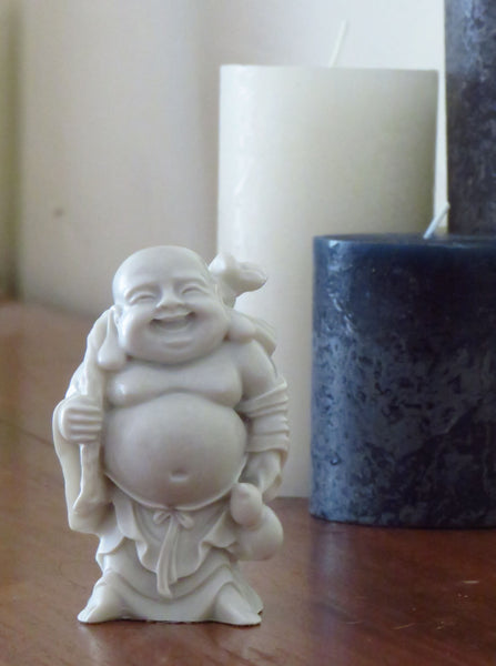 Happy Medium Travelling Buddha in white marble