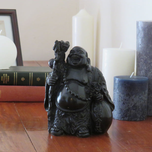 Chinese Style, Happy Travelling Buddha in Black Powdered Marble