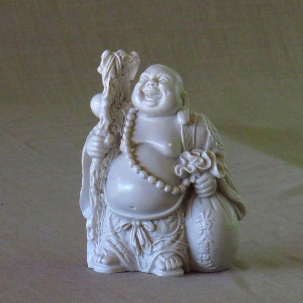 Chinese Style, Happy Travelling Buddha in White Powdered Marble