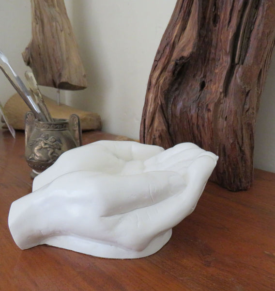 Large open hands in Powdered marble, soap dish, Jewellery holder, Unusual gift. Artisan made.