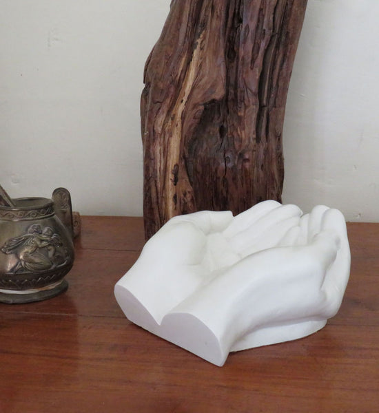 Large open hands in Powdered marble, soap dish, Jewellery holder, Unusual gift. Artisan made.