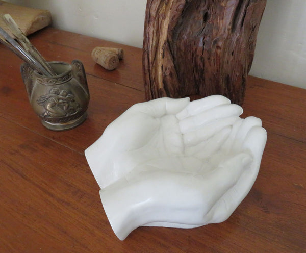 Large open hands in Powdered marble, soap dish, Jewellery holder, Unusual gift. Artisan made.